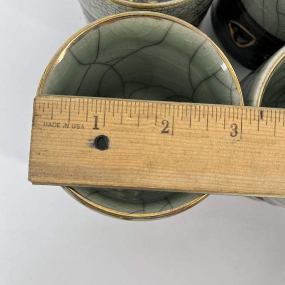 Vtg 4 Green Brown Somayaki Japan Double Wall Crackle Glazed Heart Tea Cups 200ml - Picture 14 of 16